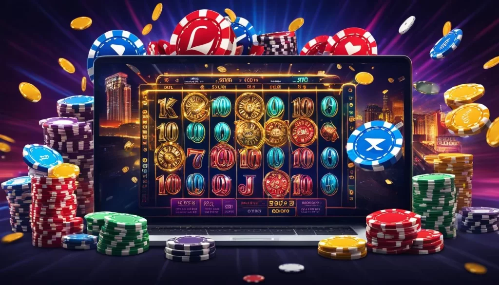 Màn hình slot game rực rỡ với biểu tượng tiền vàng, kim cương và hiệu ứng nổ hũ, thể hiện sự phấn khích khi chơi slot game tại AV88 nhà cái.